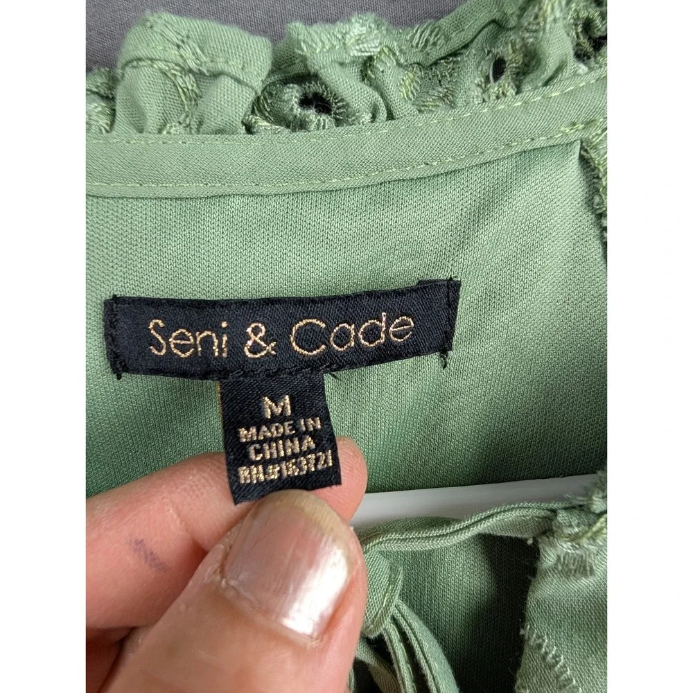 Seni & Cade Green Eyelet Lace Mini Dress Medium Sage Ruffle Tie Neck